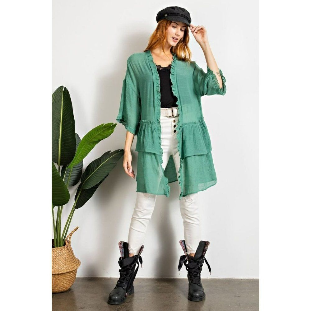 Easel Lightweight Half Sleeve Double Ruffled Open Long Cardigan Wormwood ET3297 - Picture 4 of 5